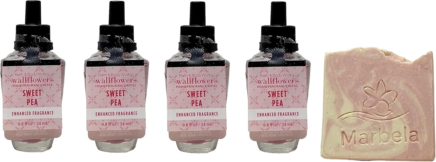 Bath and Body Works Sweet Pea 4 Pack Wallflowers Home Fragrance Refills - Marbela Sample Soap