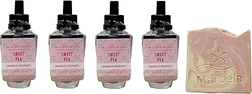 Bath and Body Works Sweet Pea - Paquete de 4 repuestos de fragancias para el hogar, jabón de muestra Marbela