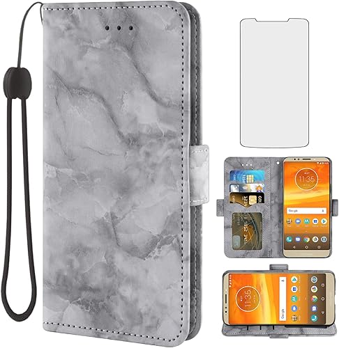 Asuwish Funda compatible con Moto E5 Plus E 5 Supra y protector de pantalla de vidrio templado, soporte para tarjeta celular, soporte para tarjeta,