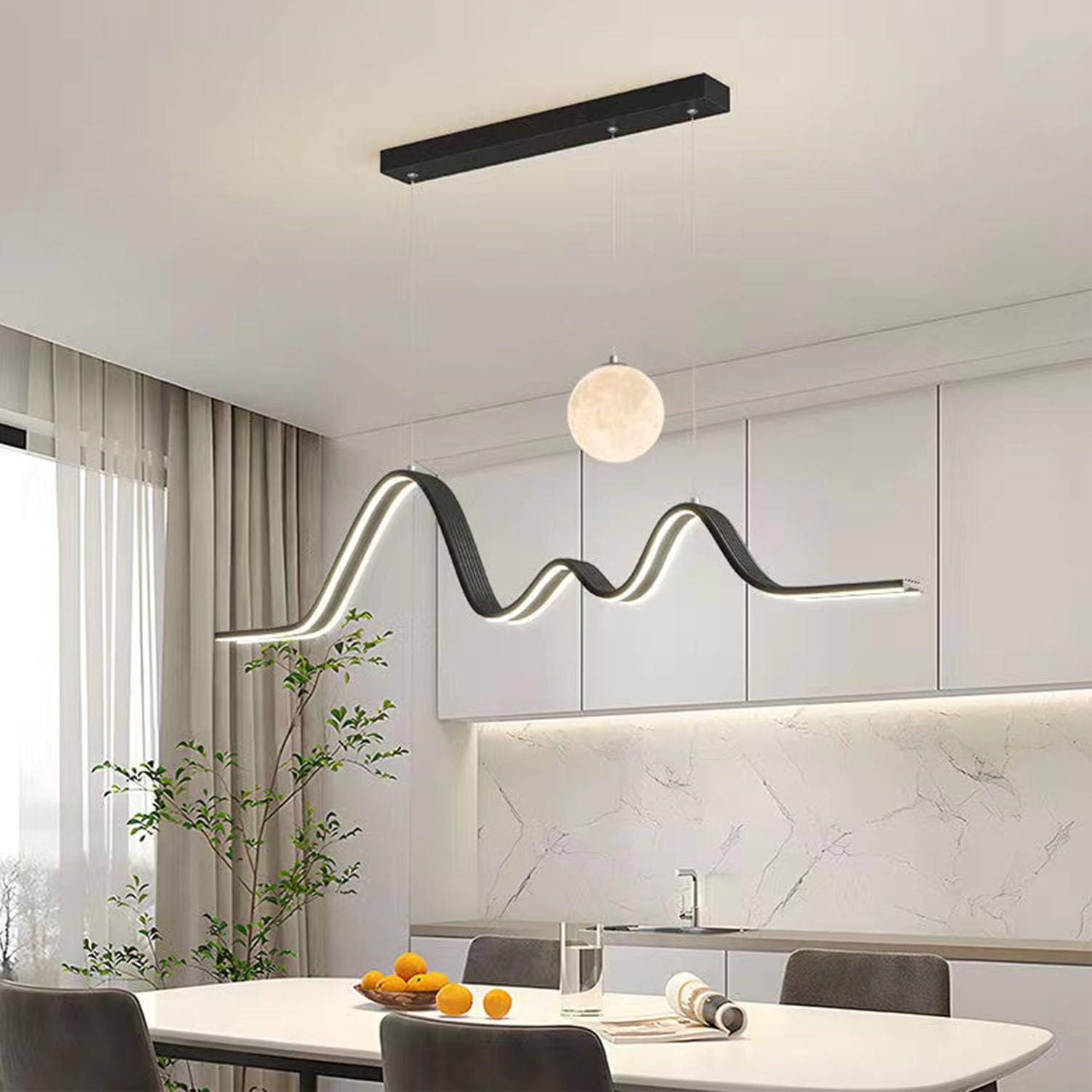 Modern LED Pendant Light With Remote Control - Linear Dimmable Height Adjustable Design for Dining Table and Kitchen, Office (Black, 110 cm)