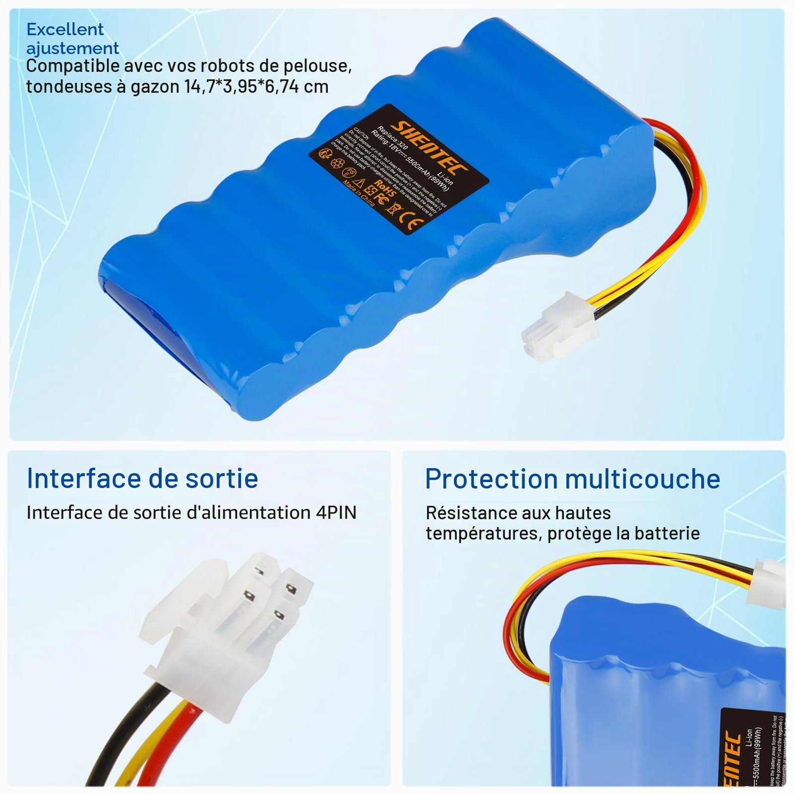 Shentec Batterie de Rechange Li-ION 18V 5500mAh pour Robot Tondeuse Husqvarna Automower 320, 440, 450X, 520, 550, pour Robot Tondeuse 5881464-02, 5881464-02