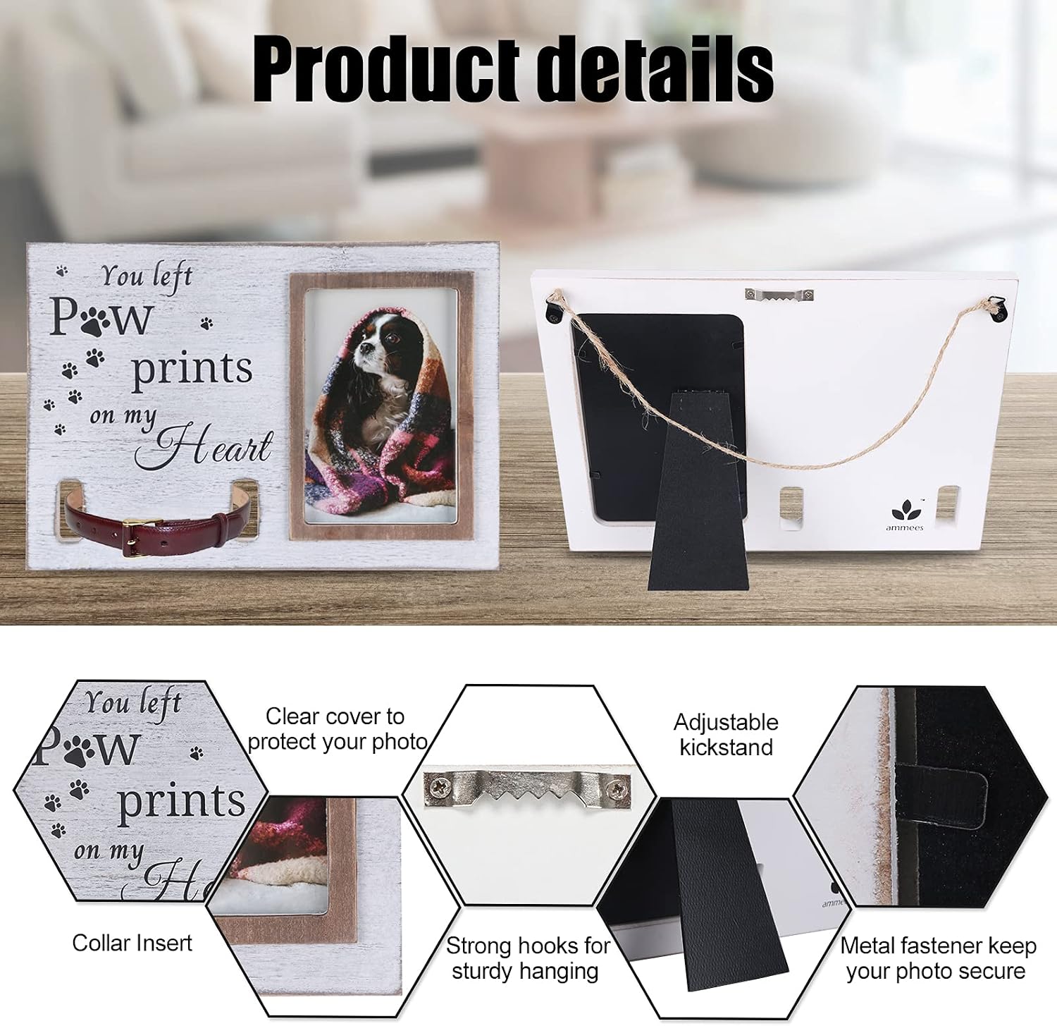 Pet Keepsake Frame, Pet Memorial Picture Frame, Cat Photo Frame, Dog Photo Frame, Dog Memorial Sentiment Frame for Loss of Dog Gifts, Collar Mount, Loving Remembrance Message (You Left Paw Prints)
