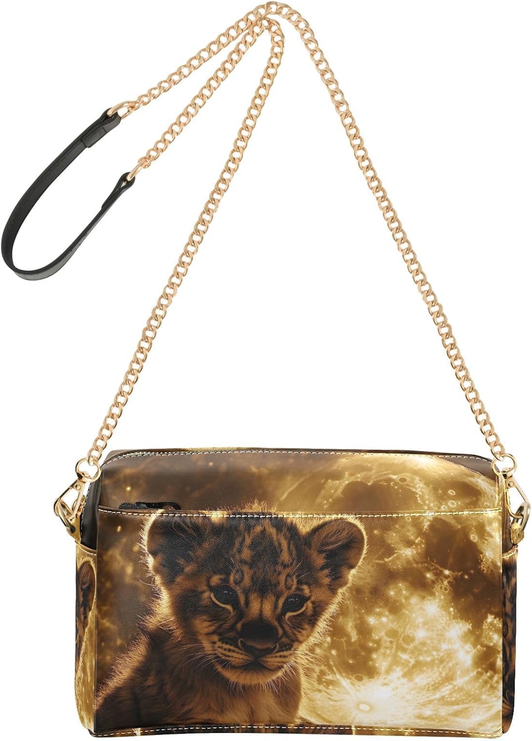 Women Crossbody Bag Shoulder Handbag Cellphone Purse Moon Little Lion Print, PU Leather Metal Chain Strap Water Resistant Zipper Closure