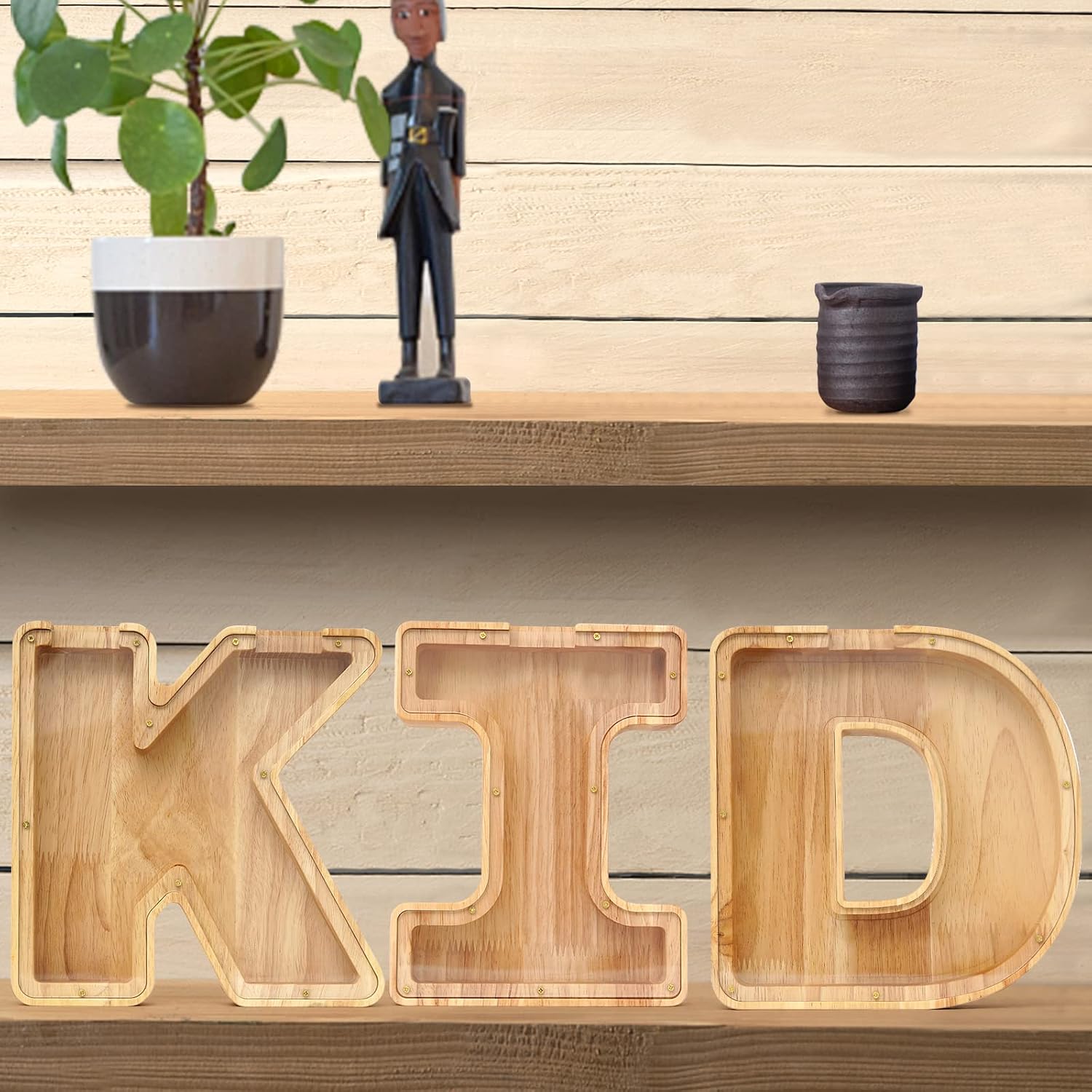 WOOD CITY Letter Piggy Bank for Adults Boys Girls Kids, Wooden 9 inch Large Personalized Bills and Coins Bank Money Box, Customized Name DIY Creative Gift for Real-Money, Alphabet Decorations (I)