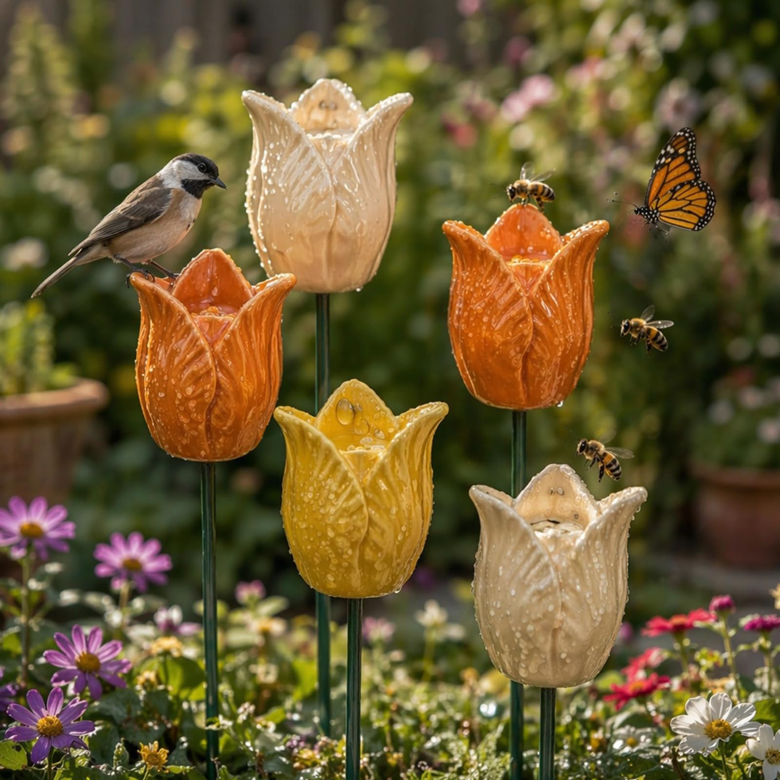 Handmade Ceramic Mini Pollinator Watering Station | Colorful Flower Bee Water Feeder & Butterfly Bird Bath, Small Outdoor Garden Stakes Yard Art Decor for Patio Lawn Balcony