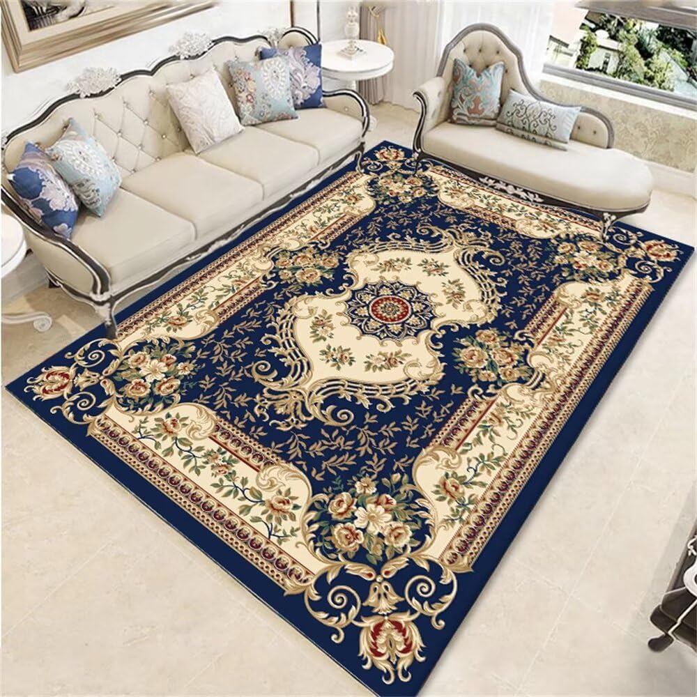 Décoration chambre ado fille avec un tapis bleu facile à laver