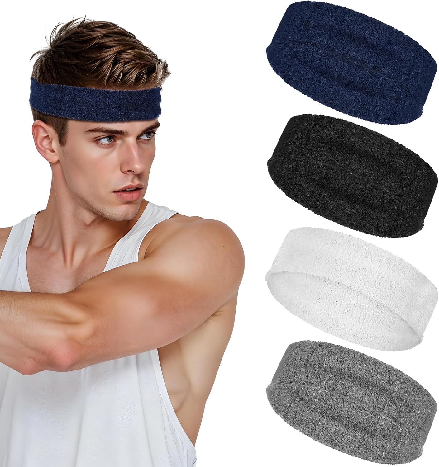 4 Pack Sweatbands Sports Headband for Men Women, Wicking Headband Athletic Towel Bands Terry Sweat Headbands Outdoor for Running, Cycling, Tennis, Basketball, Running, Gym, Working Out