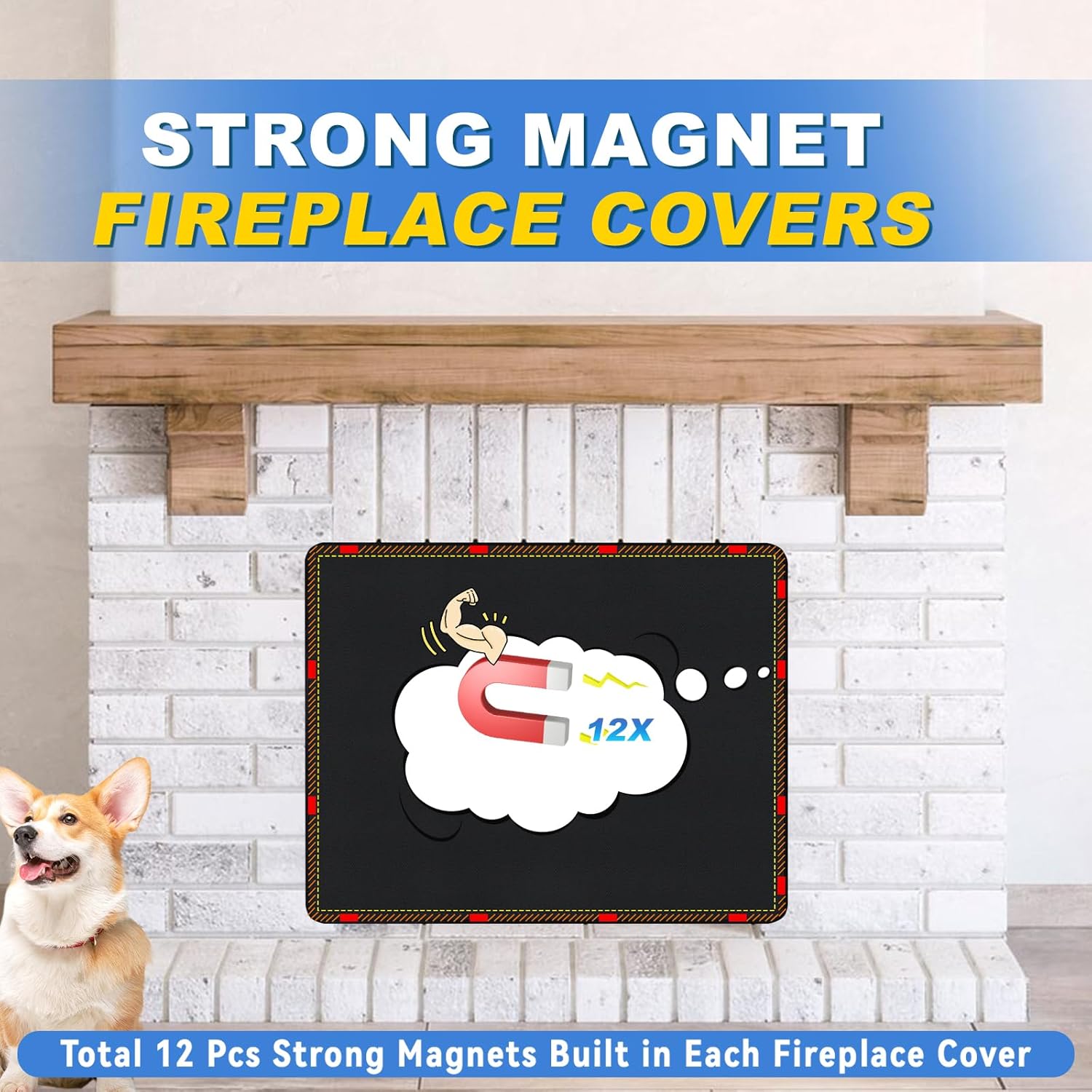 Magnetic Fireplace Cover, Fireplace Draft Stopper with 12 Pieces Strong Magnets, Fireplace Blanket for Heat Loss, Air Blocker for Winter and Summer, 43"x36", Black