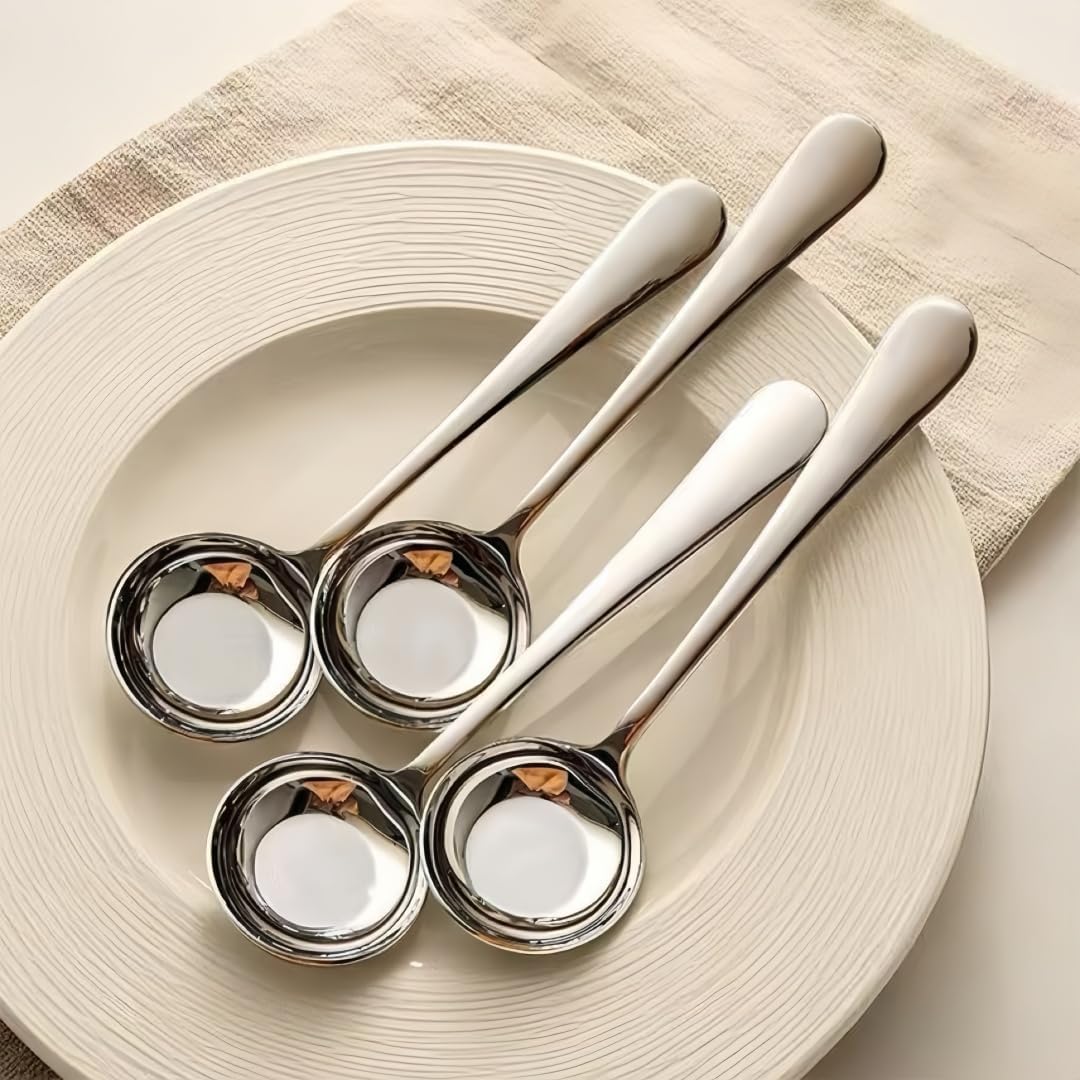 Stainless Steel Flat Bottom Soup Spoons,6PCS Long Handle Deep Soup Spoons for Soup Rice Cereal Gravy Ladle Dessert