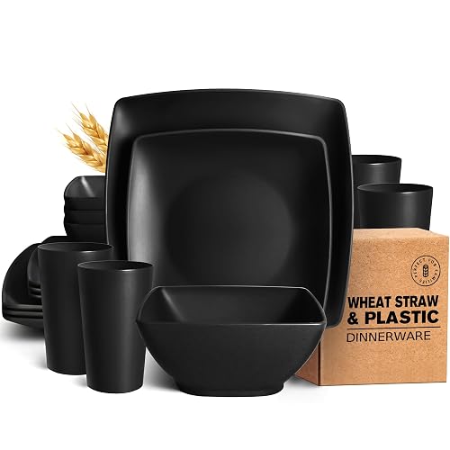 Teivio 16-piece Plastic Wheat Straw Square Dinnerware Set for 4, Unbreakable Dinner Plates, Salad Plates, Snack Bowls, Tumblers 13.5 oz, Dishwasher Safe, Black Matte - Matte Black