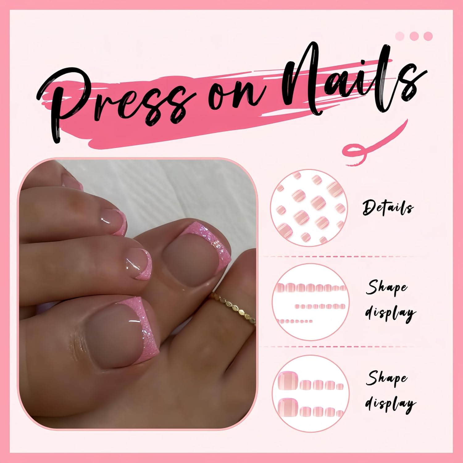 24Pcs Pink French Tip Press on Toenails Short Square Toe Nail Press on Pink Glitter Fake Toe Nail Glossy Full Cover False Toenail Sparkly Glue on Nails Acrylic Toenail Stick on Toenails for Women