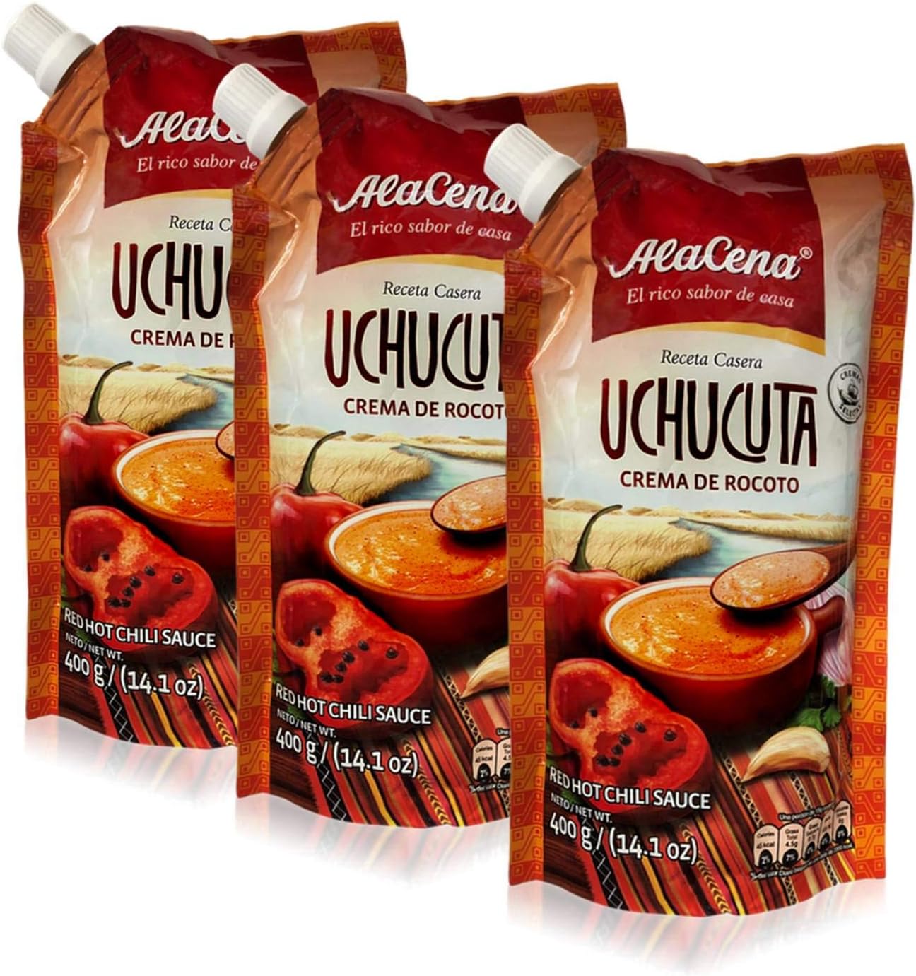 AlaCena Crema de Rocoto Uchucuta 400 gr. - Red Hot Chili Sauce - Peruvian Hot Sauce - 14 oz 3 Pack