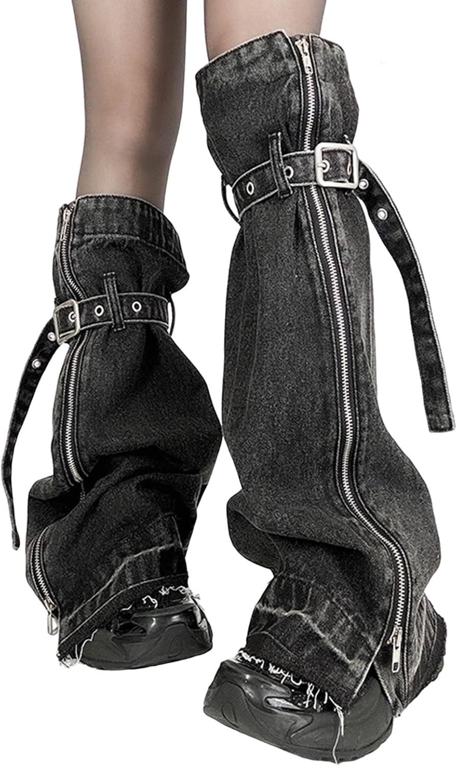 Punk Washed Jeans Leg Warmers with Buckled Baggy Grunge Denims Side Zippers Leg Covers Loose Flared Long Socks for Women Fash