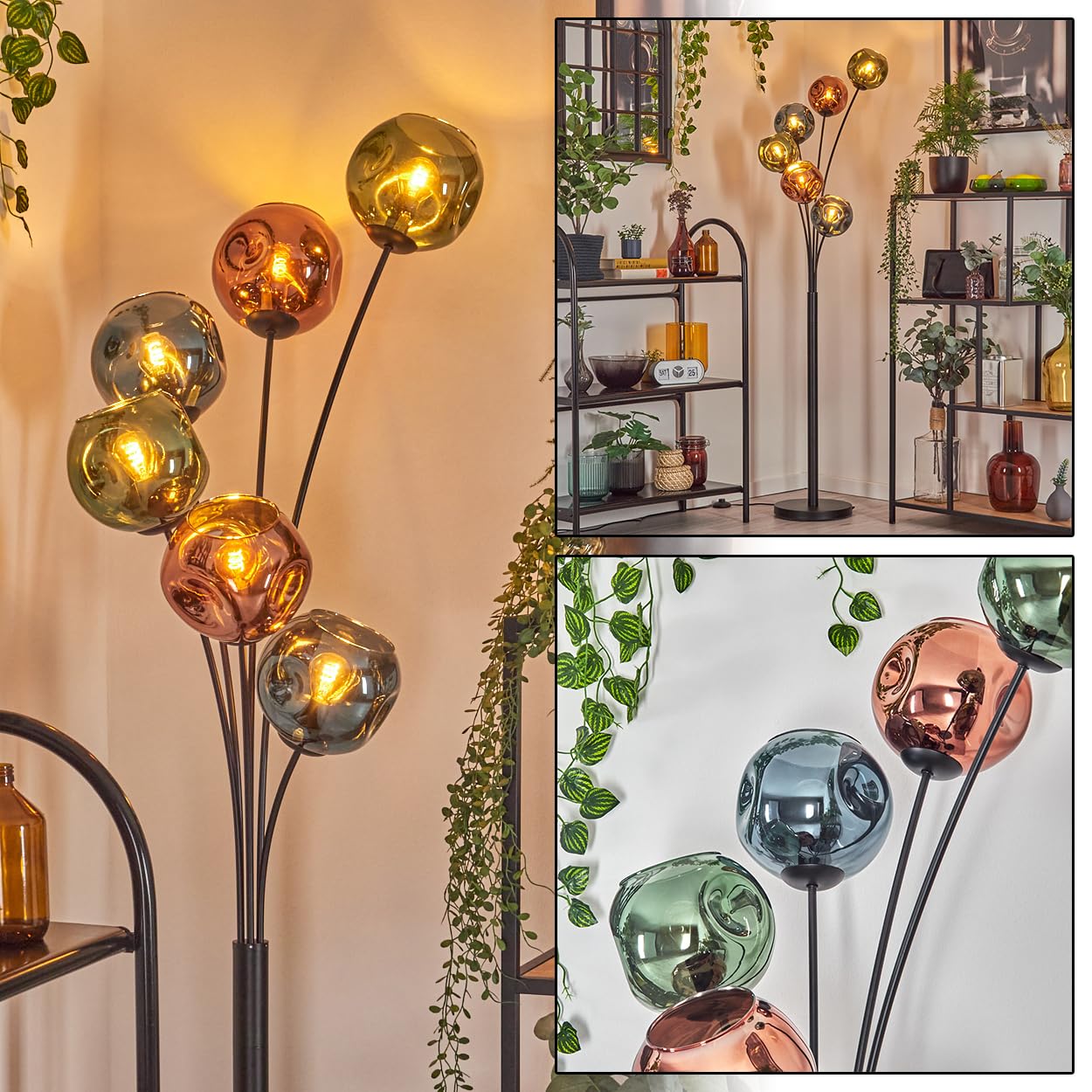 HOFSTEIN Lampadaire Ripoll, en métal/verre noir/cuivre/bleu/vert, lampe au design rétro/vintage avec abat-jour en verre (Ø 15 cm) et interrupteur au pied, hauteur 168 cm, E14, salon, chambre à coucher