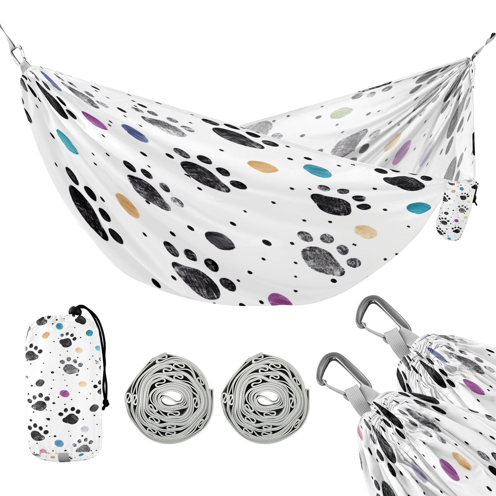 ATTX Dog Paw Prints Camping Hammock - Lightweight & Portable Hammocks, Heavy Duty 330lbs Capacity for Indoor, Hiking, Backpacking, Travel, Backyard, Beach#360