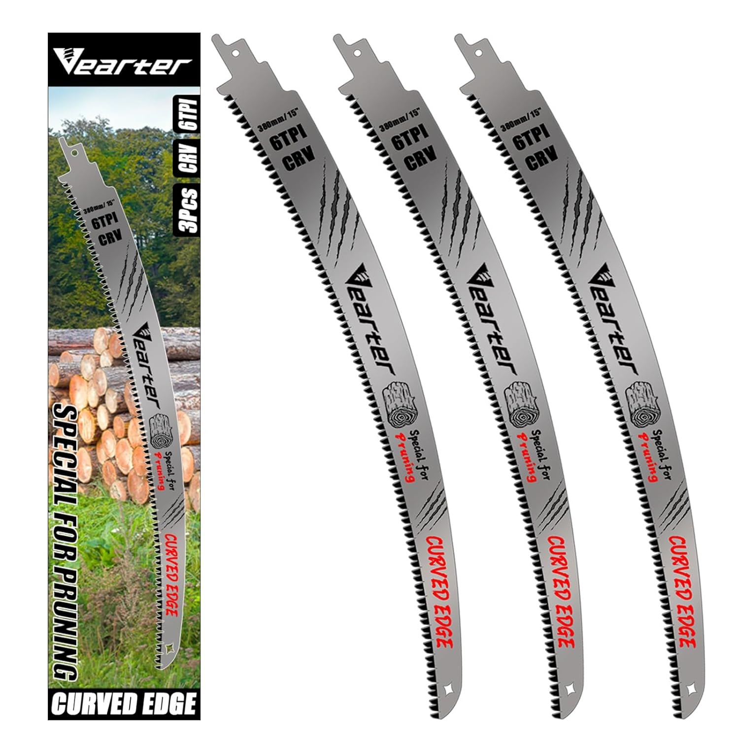 15''(380mm) Reciprocating Saw Blades Japanese Teeth 3PCS, 6TPI Cr-V Reciprocal Saw Blades for Trees with Triple-Ground Offset Teeth, Curved Edge Recip Saw Blades for Trimming and Wood Cutting