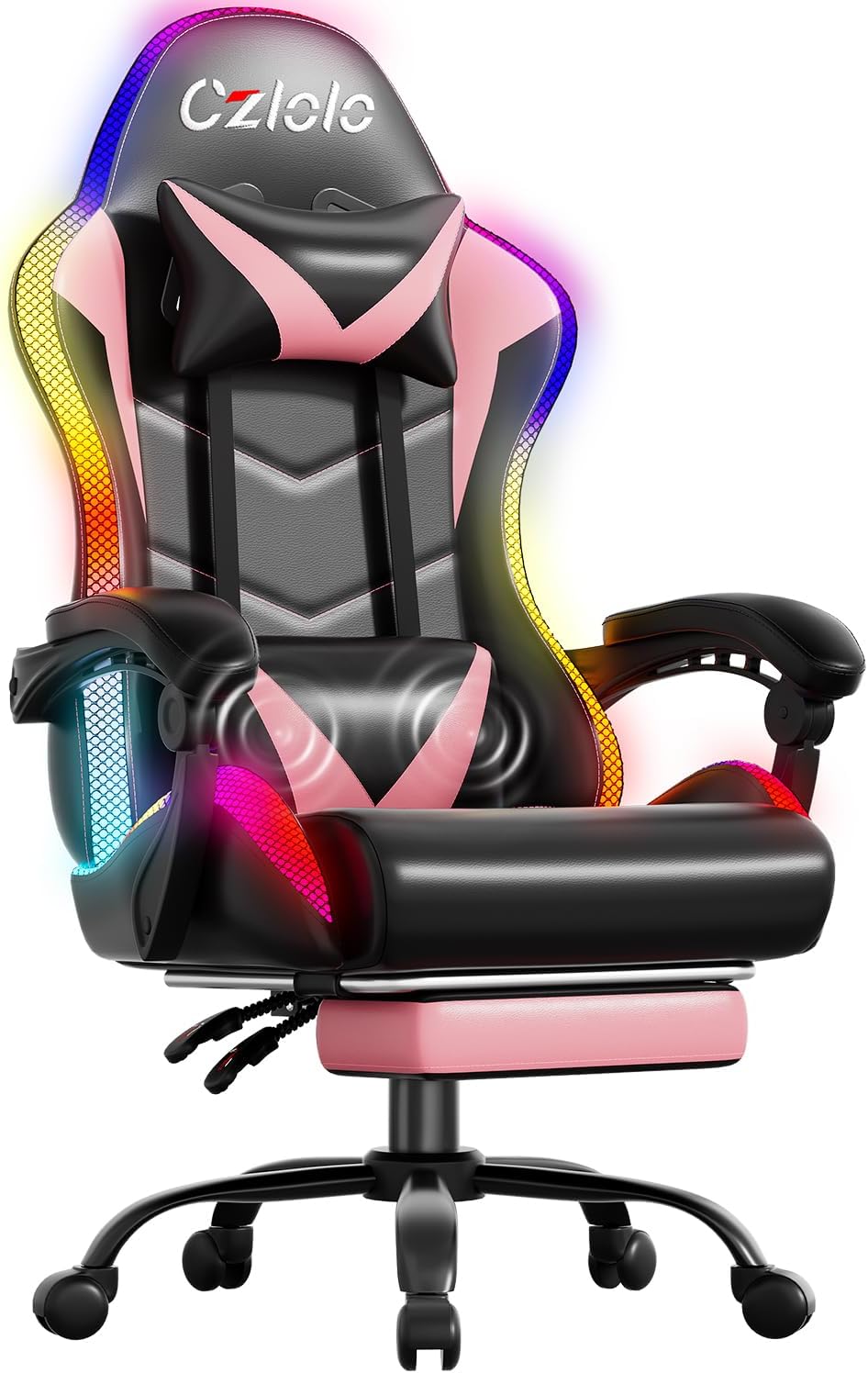 Czlolo Gaming Chair, Racing Style RGB LED Lights Gaming Chairs for Adults and Kids, Lumbar Massager Gamer Chair, High Back Reclining Computer Chair with Footrest and Headrest (Black/Pink)