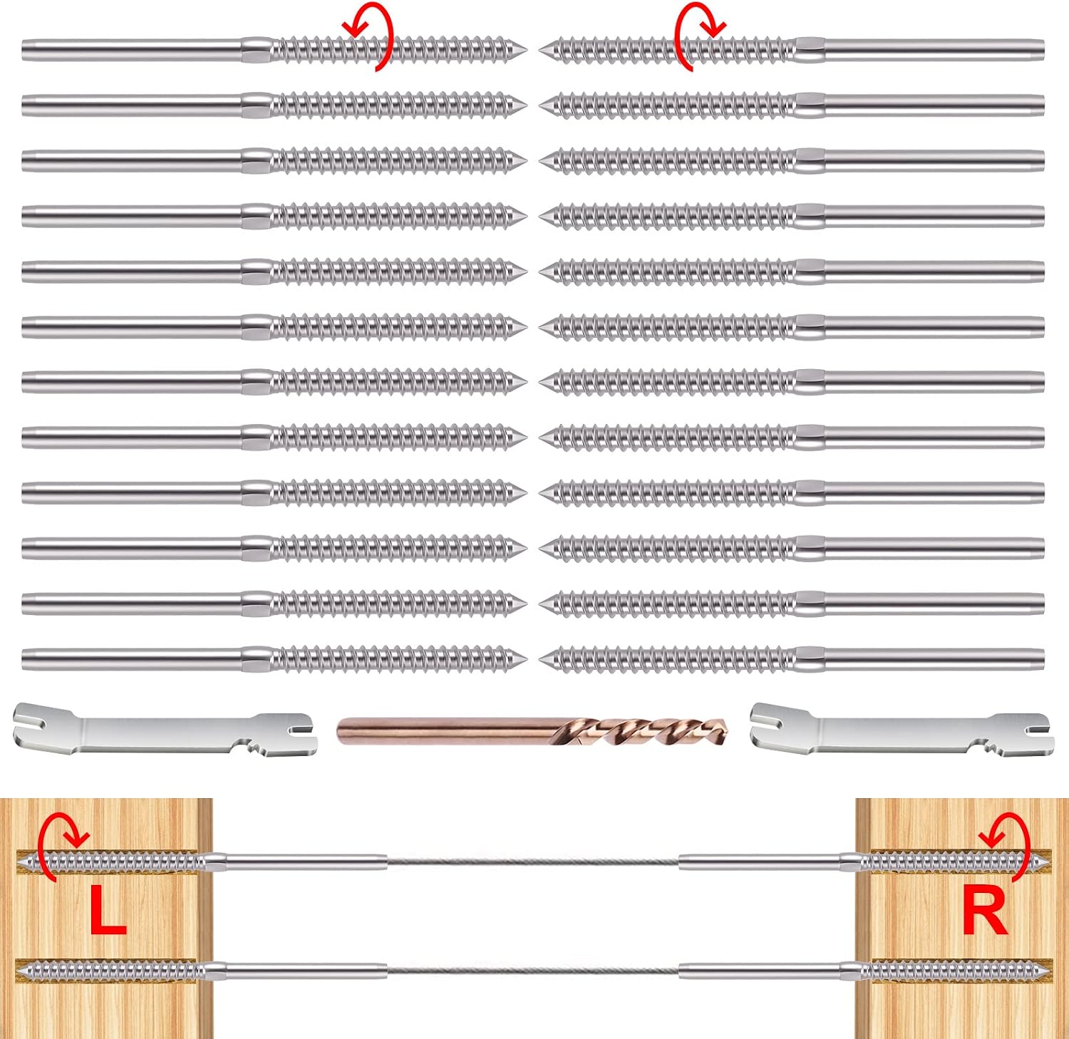 CKE Upgraded 24 Pack Swage Lag Screws Left & Right for 1/8" Cable Railing, T316 Stainless Steel Stair Deck Railing Wood Post for Horizontal Vertical Balusters (12 Pairs)
