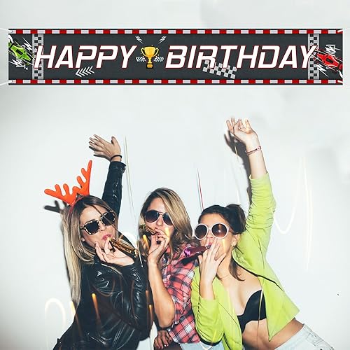 Miniatura 2 de Pancarta grande de feliz cumpleaños de coche de carreras a cuadros, telón de fondo con tema de carreras, decoración de cumpleaños al aire libre e