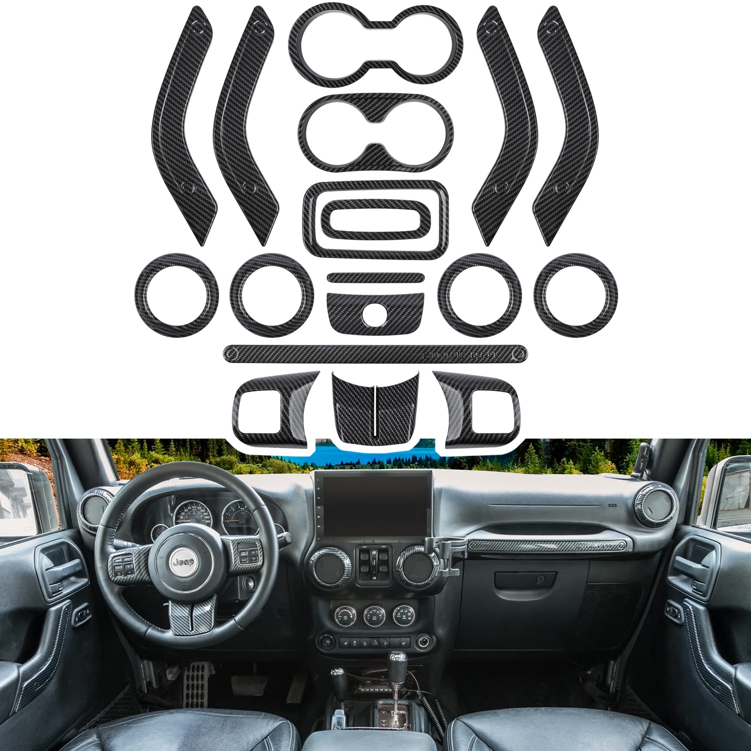 Amazon.com: 18 PCS Full Set Interior Decoration Trim Kit Steering Wheel  Center Console Door Handle Air Conditioning Vent Cup Holder Gear Cover Trim  for Jeep Wrangler JK JKU 2011-2018 4-Door (Glossy Carbon