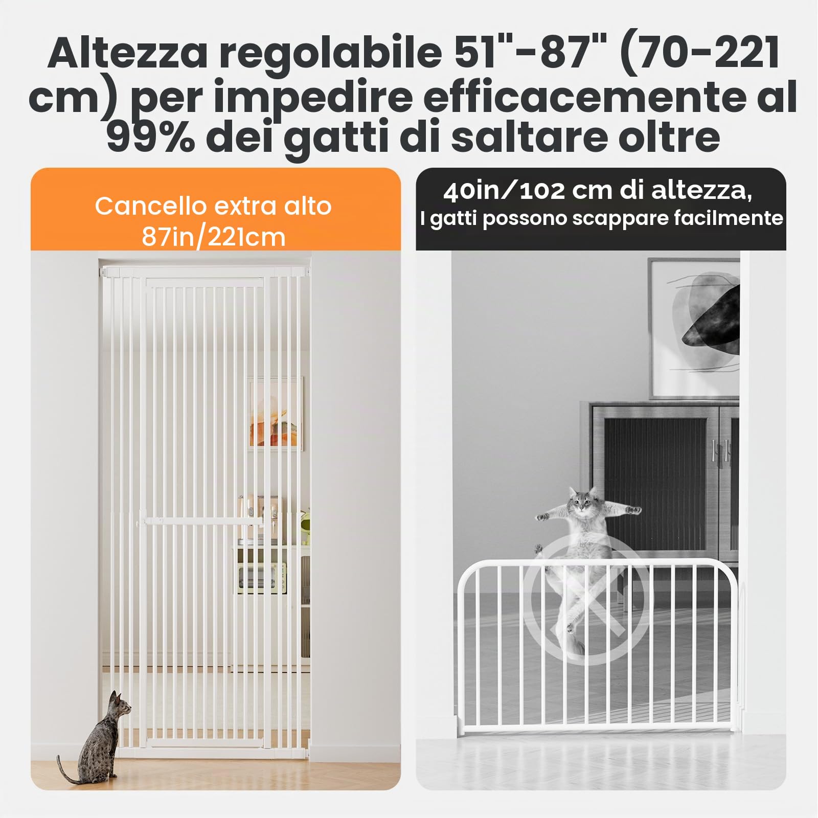 Gardner Pet Cancello per Gatti Extra Alto 130-221 cm, Bianco | Largo regolabile 70-94 cm, Senza Foratura, Montaggio a Pressione, per Scale, Porte, Monolocali, Cucina