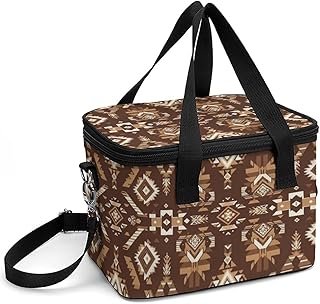 Men Women Insulated Lunch Bag Reusable Thermal Cooler Tote Leakproof Food Container with Removable Strap for Travel Beach, Aztec Native American Southwestern Boho Brown Lunchbox