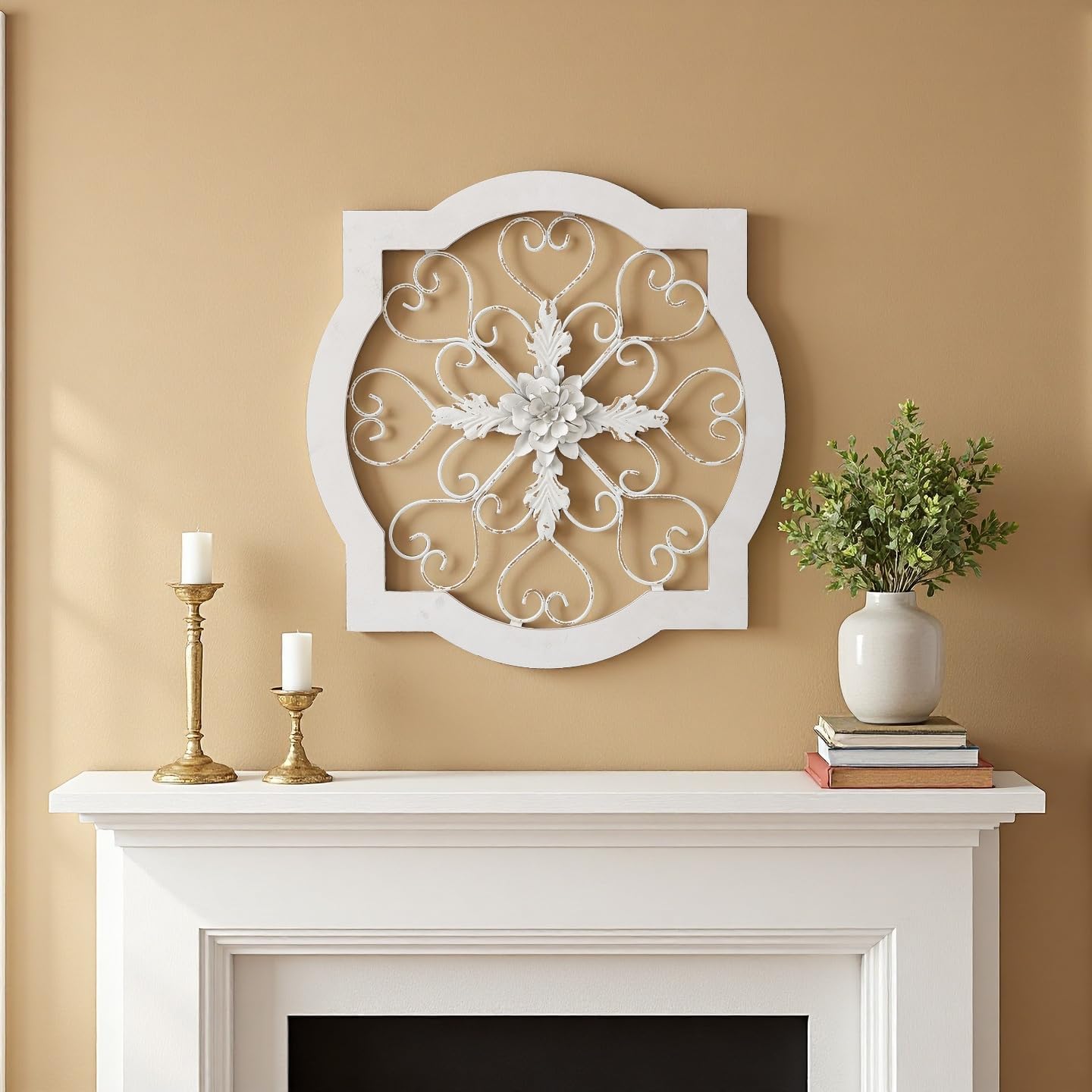 Sintosin Vintage Wrought Iron Wall Decor 20 Inches, Hanging Distressed White Farmhouse Rustic Wood Framed and Metal Flower Medallion Wall Art for Entryway Hallway Living Room Bedroom Bathroom