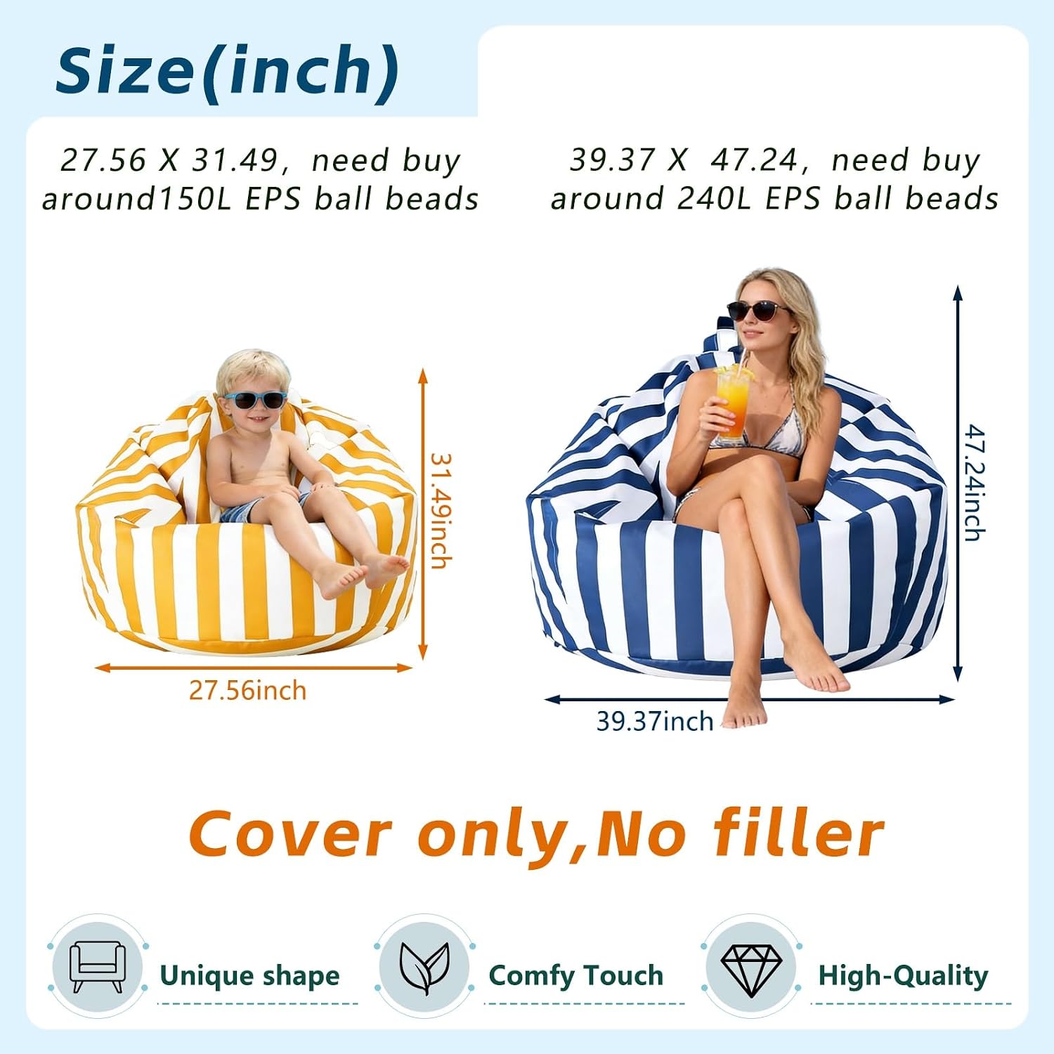 Waterpoof Outdoor Bean Bag Beach Beanbag Oxford Pouf Cover Salon Garden Beanbag Chair Corner Seat Floor Couch/Lounger for Pool Indoor Boneless Chair Cover Lazy Floor(Black,Large)