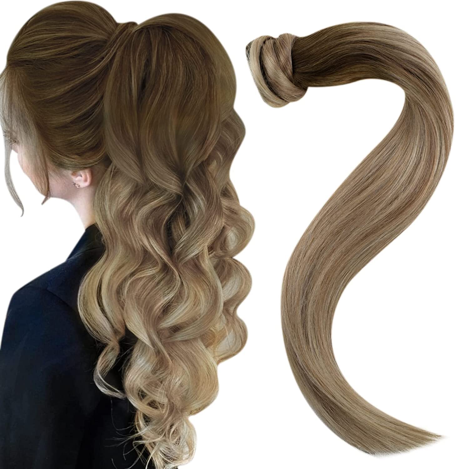 Easyouth Extensiones Cola Pelo Natural Balayage Castaño a Rubio Ponytail Hair Extensiones Pelo Remy Extensiones Cabello Humano Coleta 50cm 80g