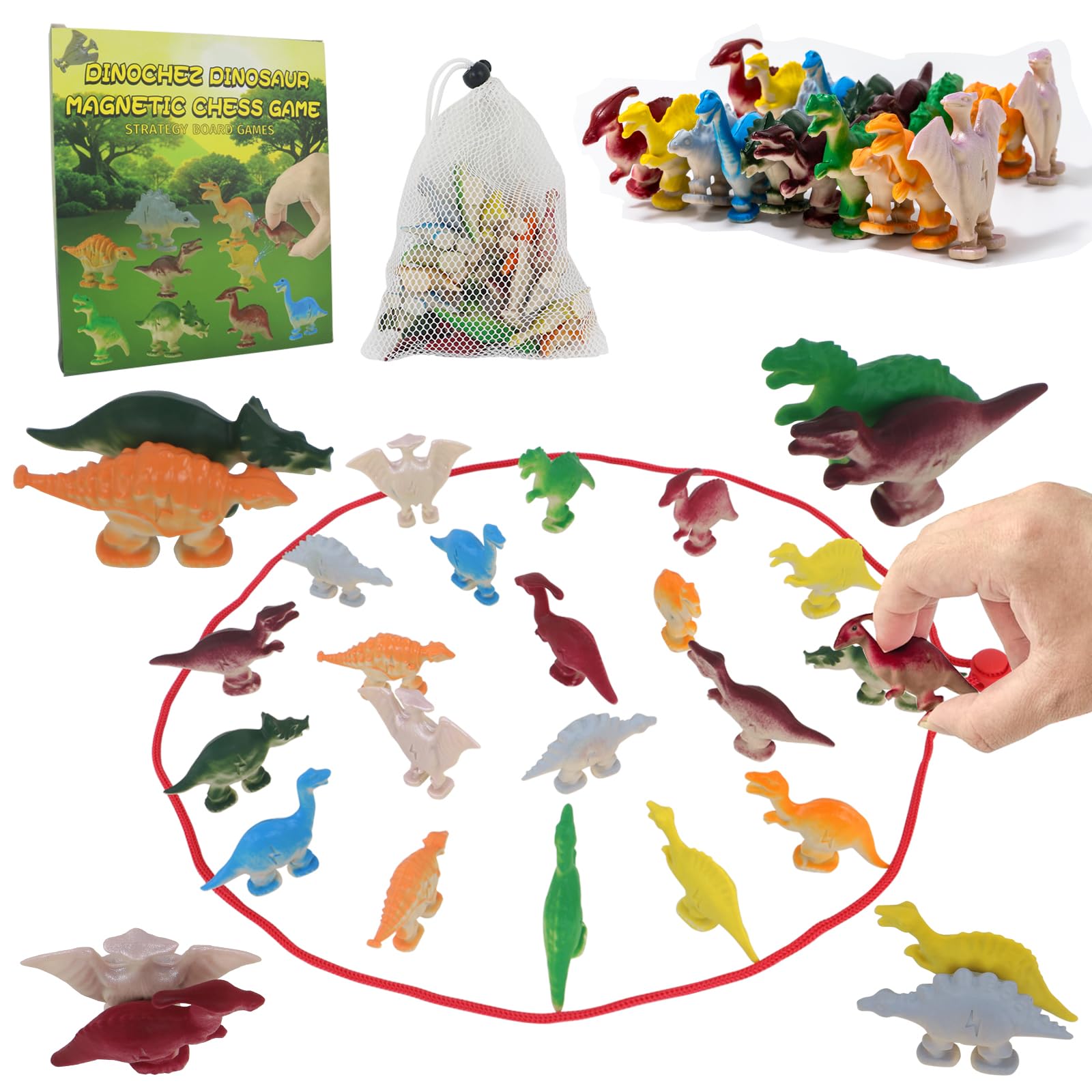 Magnetic Dinosaur Chess Game for Kids, 20 Pcs Board Game with Adjustable String & Storage Pouch