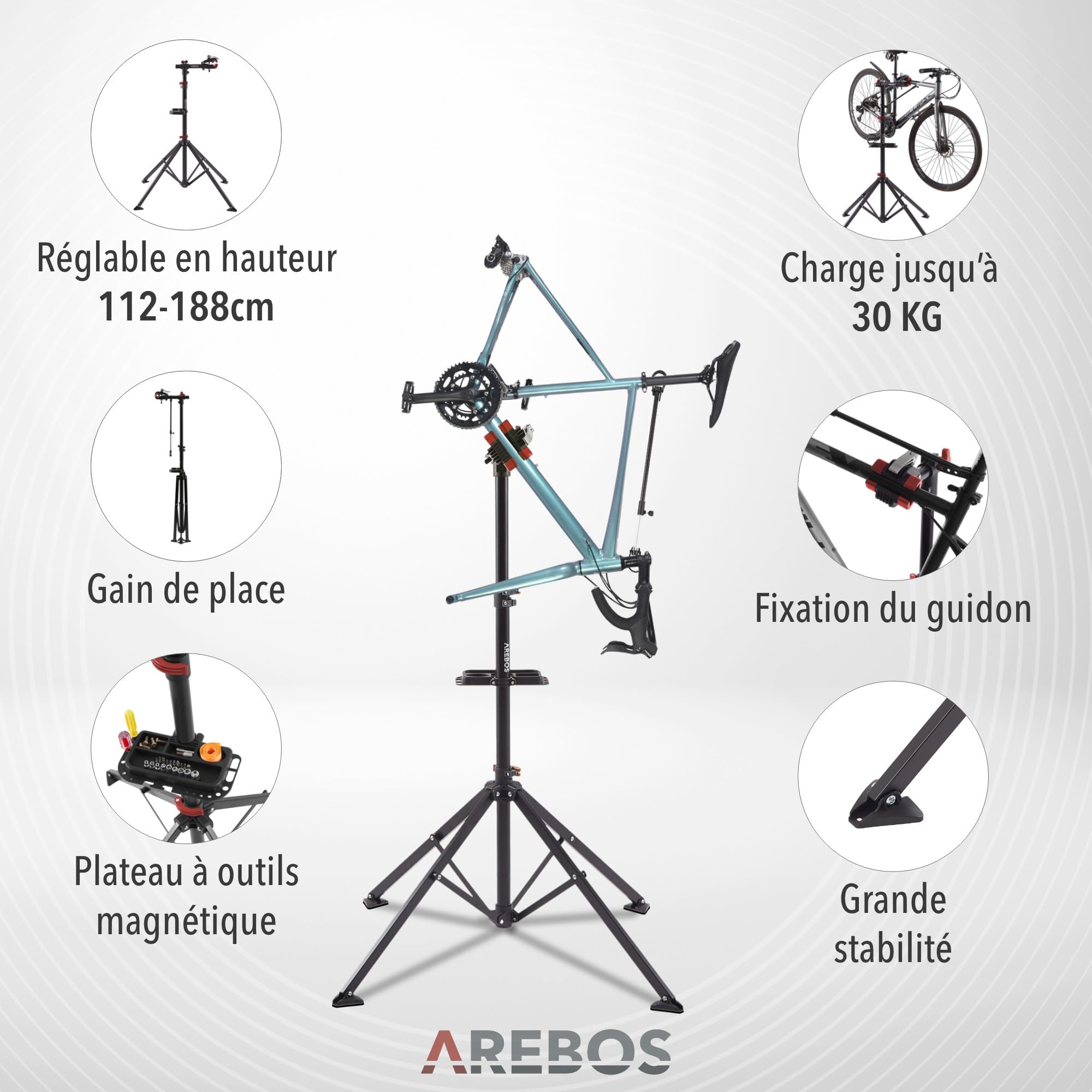 AREBOS Support de Montage Professionnel pour Vélo | Pour VTT et Vélo Électrique | Rotatif 360° avec Dispositifs de Libération Rapide | Support Charges Lourdes + Sac | Noir/Rouge