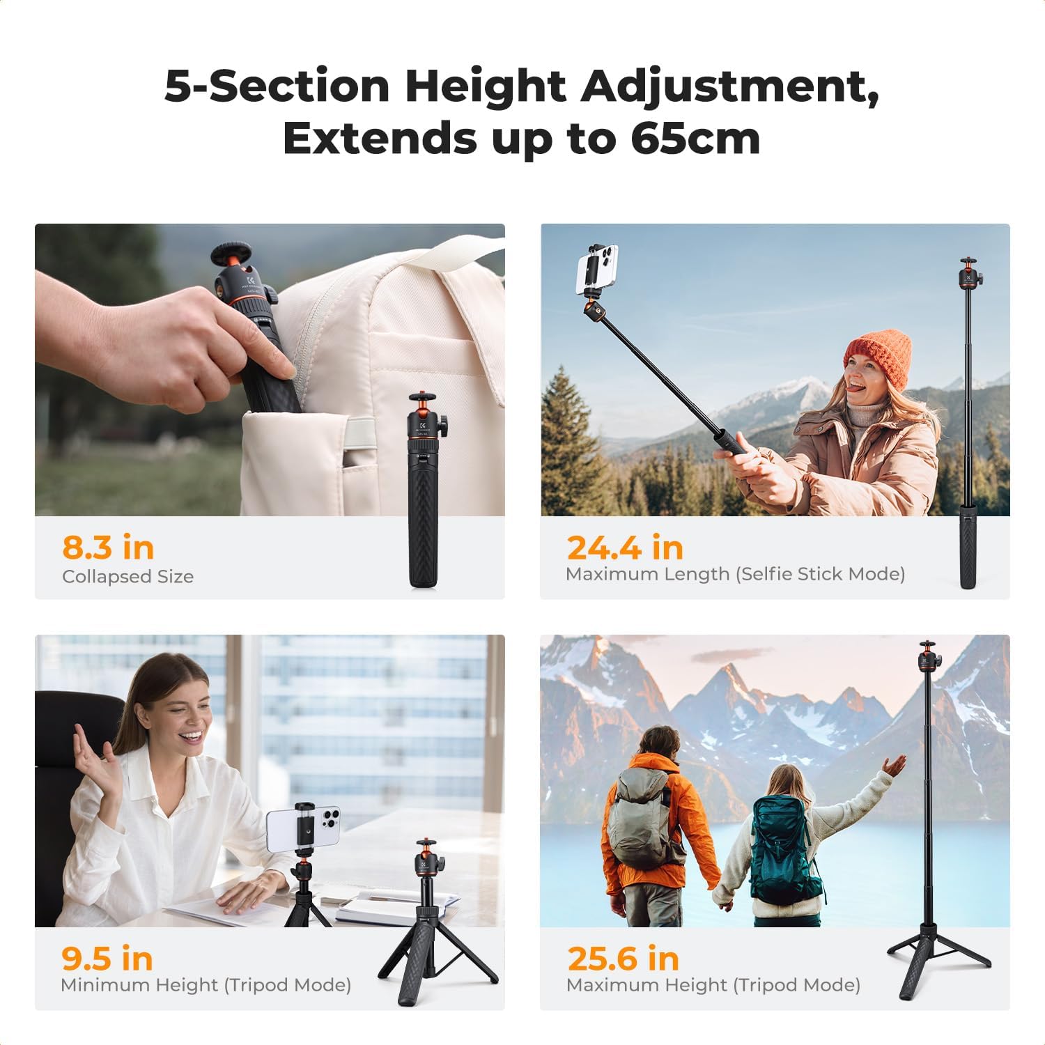 K&F CONCEPT MS62 25.6'' Mini Selfie Stick Tripod Stand, 5 Levels 360° Ball Head Pocket Tripod with Cold Shoe, Small Tripod Compatible with DJI Osmo Pocket 4/3 Action 5 Pro GoPro Hero13 Smartphone.