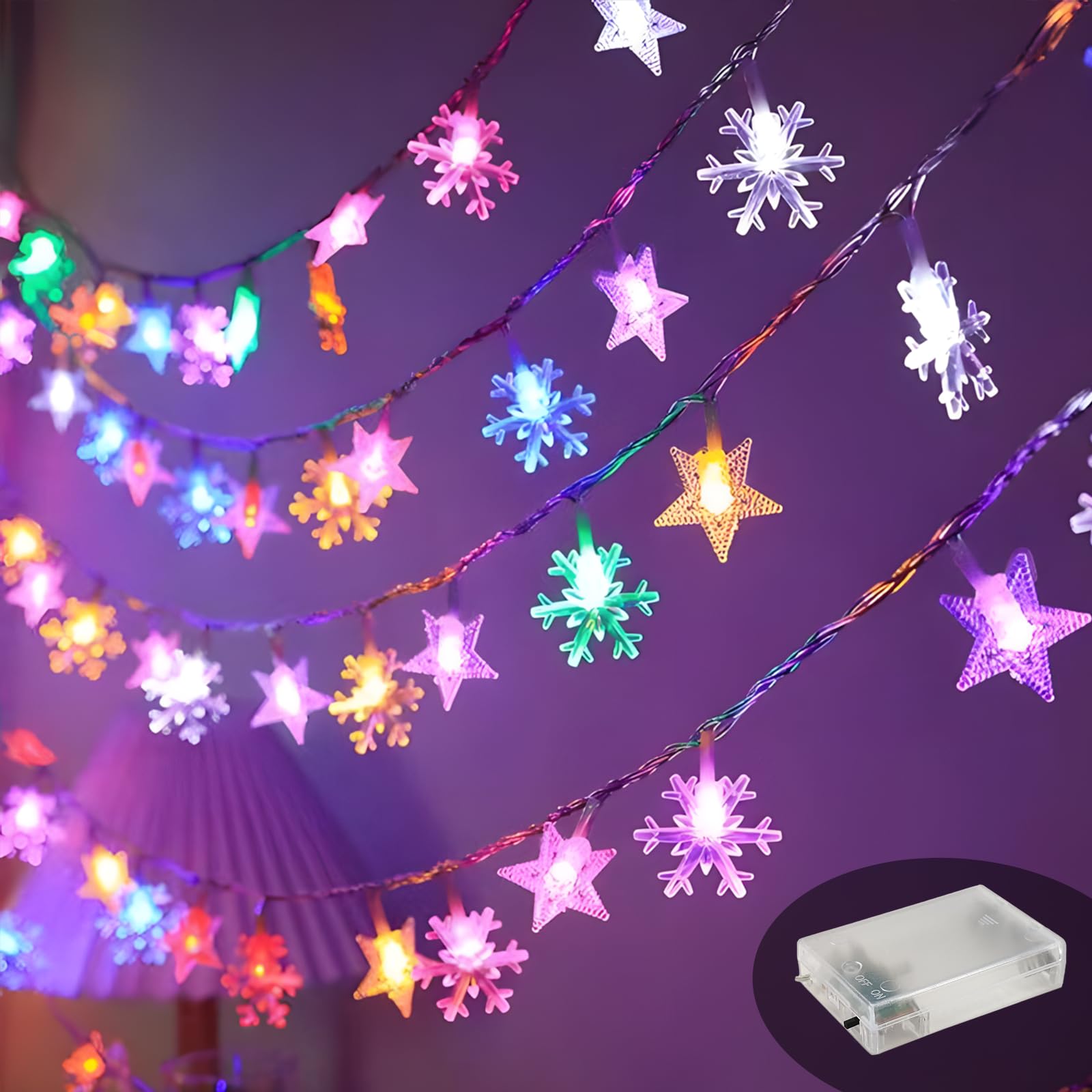 Swsdee Star Fairy Lights - Plug in LED String Lights,Battery Powered,10m / 32.8 Ft 100led Star String Lights,for Bedroom Wedding Party Indoor Outdoor Decoration ((Stars + Snowflakes (Colored Lights))