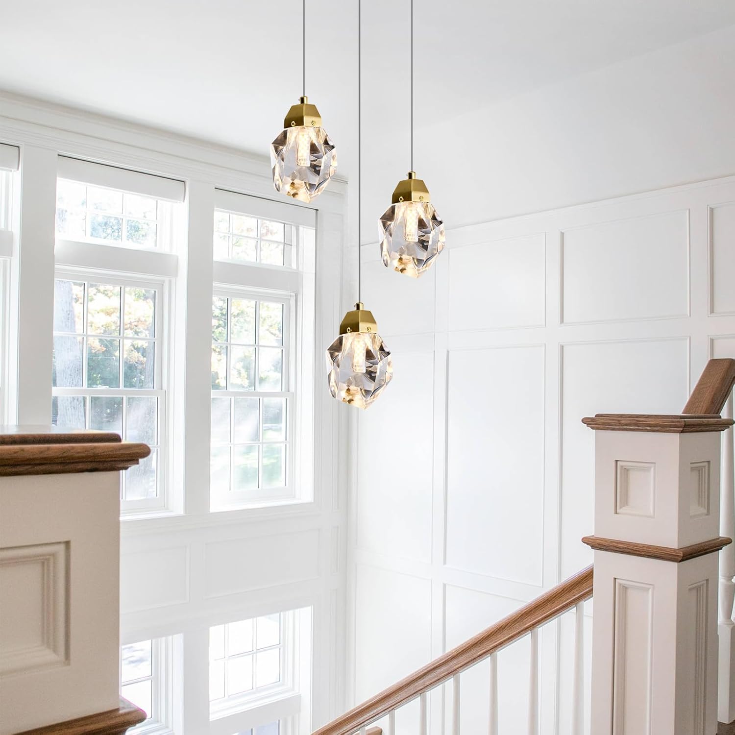Diamond Crystal Pendant Light, 1-Light Mini Hanging Ceiling Light in Gold Brushed Brass Finish with Prism Crystal and Color Changing LED for Kitchen Island, Dining Room, Bedroom, Hallway, Bar