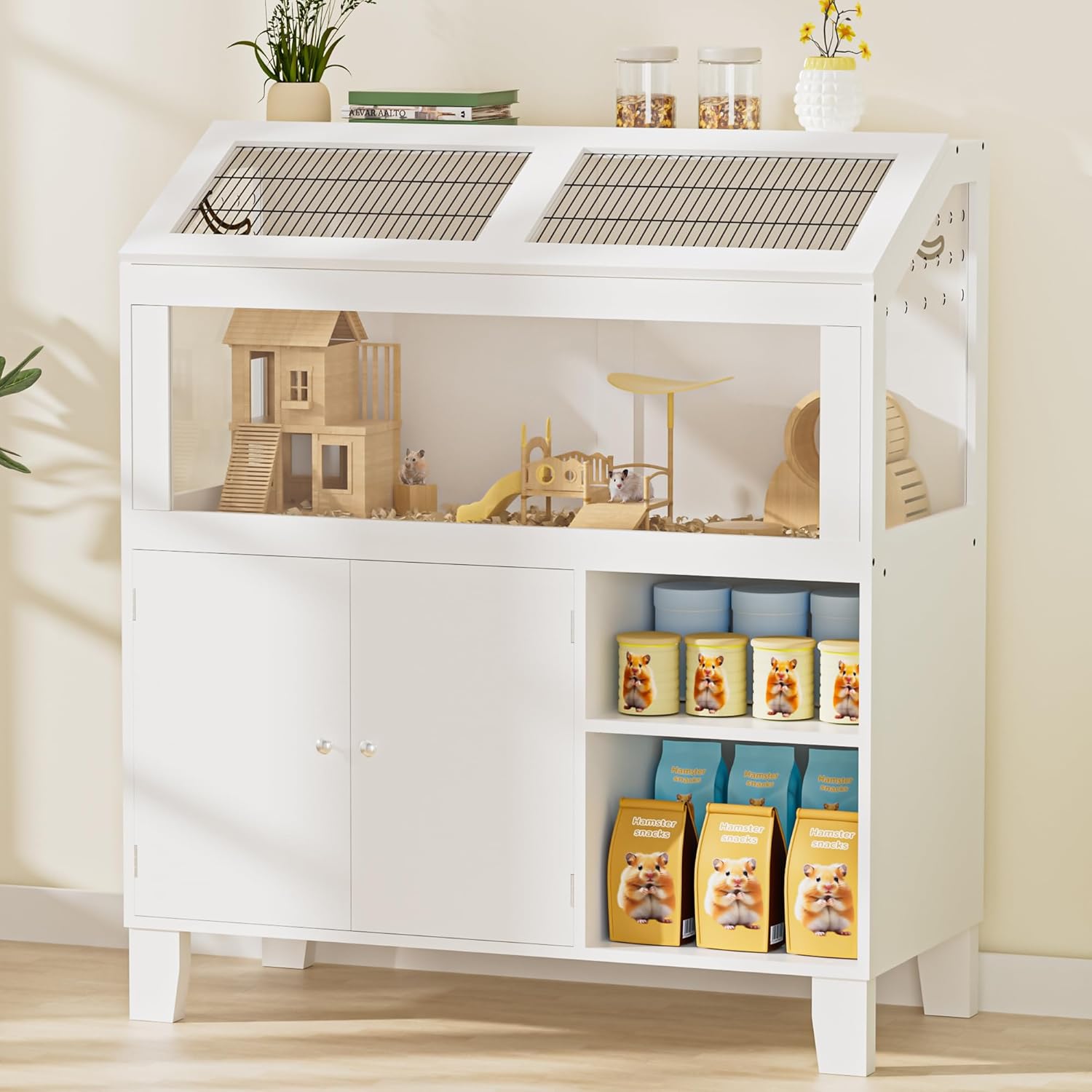 Hamster Cage with Storage Cabinet, Hamster Cage Large, Large Hamster Habitat with Easy View Acrylic Panels, Wooden Small Animal Cages for Guinea Pigs, Rabbits, Gerbils, Hedgehogs, White