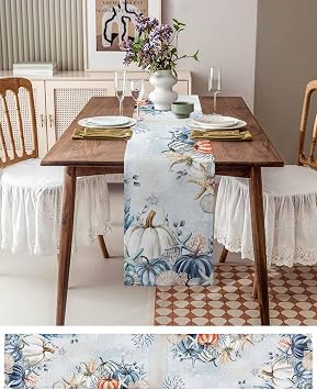 Blue Coastal Beach Fall Table Runner - 72 Inch Long Thanksgiving Pumpkins Maple Leaf Cotton and Linen Blended Dress Scarves Farmhouse Table Runner for Kitchen Dining, Coffee Table, 13 x 72