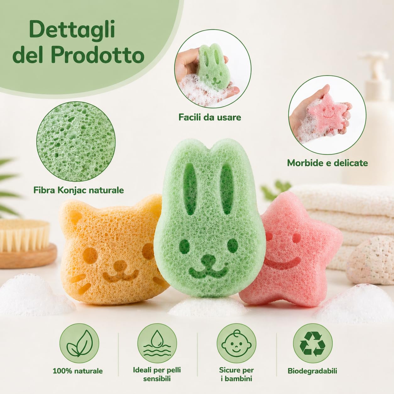 Spugnetta Konjac Baby Fibra di Origine Naturale Delicata Morbida Bagnetto Neonato - Pulizia Pelle Sensibile Viso Bambini (verde)