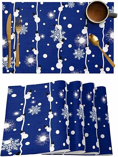 Juego de 4 manteles individuales de Navidad de muñeco de nieve azul para mesa de comedor, juego de 4 manteles de tela impermeables, manteles