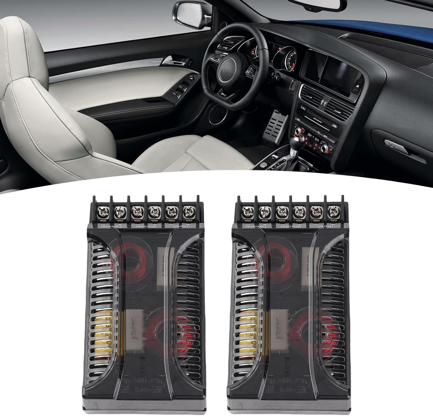 Ejoyous 2 Way Car Audio Crossover, 2Pcs Universal Heat Dissipation Speaker Frequency Divider with Overcurrent Protection, for Car Speaker System for Superior Sound Quality