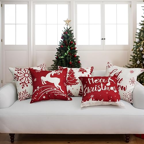 Miniatura 4 de Juego de 6 fundas de almohada temáticas de Navidad, 18 x 18 pulgadas, vibrantes decoraciones navideñas de color rojo real, tela suave, algodón