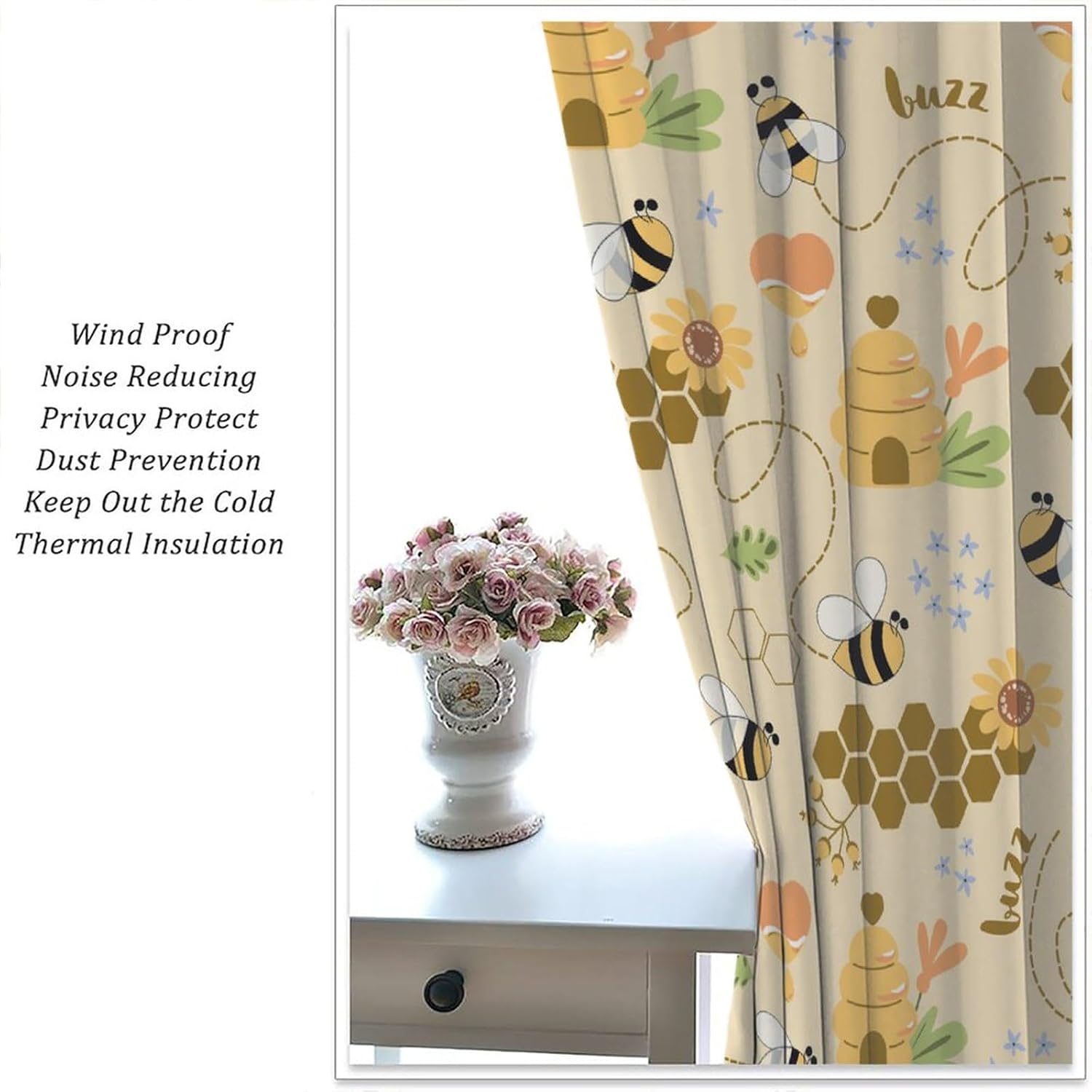 Bee Curtains Cartoon Cute Flying Bees Geometric Hexagonal Honeycomb Yellow Flower Colorful Art Print for Kids Boys Girls Bedroom Living Room Decor Rod Pocket Blackout Window Drape 42x54in