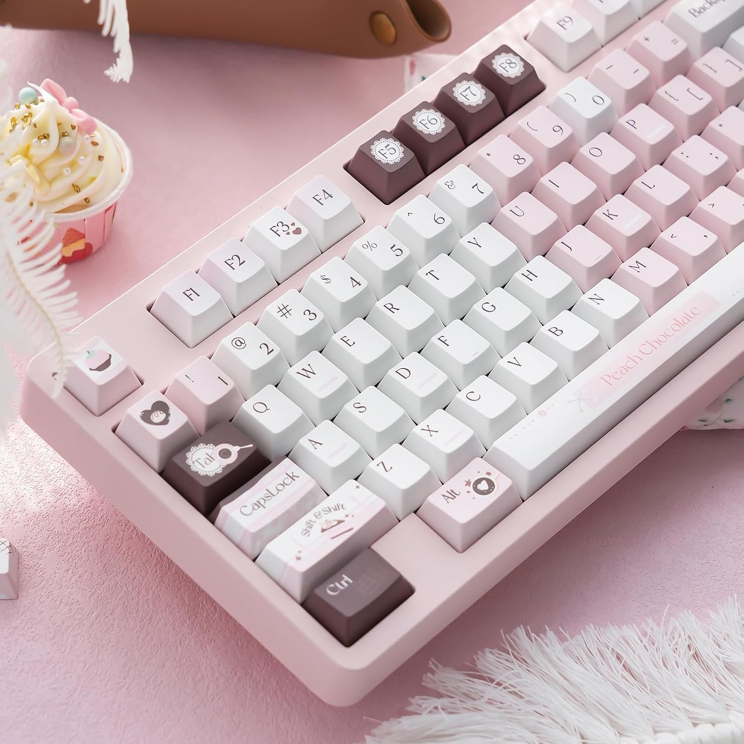 130 Keys Pink Cute Keyboard Keycaps Set, Custom PBT Cherry Profile Keycap, Thick Dye Sub Keycaps Kawaii, White Chocolate Keycap Brown, Kawaii Key Caps for ANSI/ISO Mechanical Keyboard
