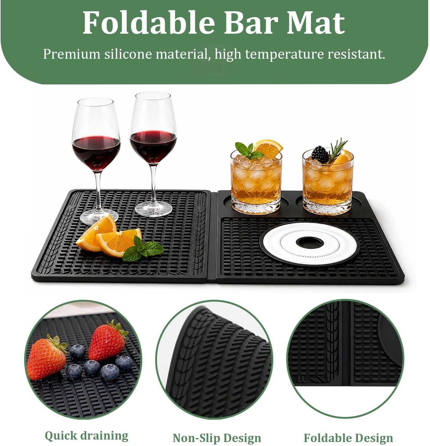 Bar Mat for Home Bar Countertop,18" X 12" Folding Cocktail Bartending Silicone Drying Mat with Cutting Board,Bar Decorations for Home,Bar Accessories for RV,Camping,Black
