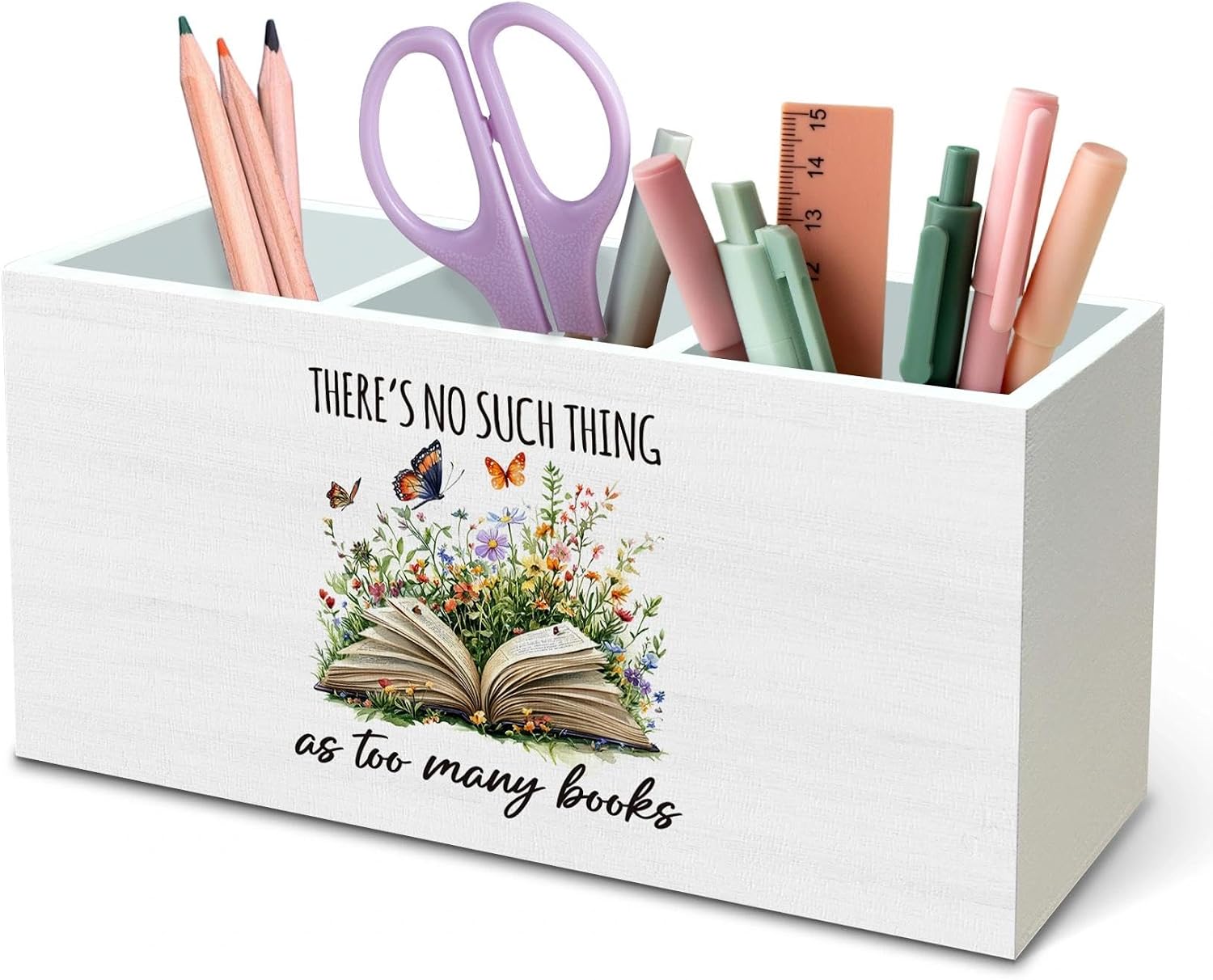 DILSJ Book Lovers Gifts Pen Pencil Holder Organizer for Desk, Book Reader Bookish Gifts, There Is No Such Thing As Too Many Books Wooden Box Signs for Classroom Reading Room Desk Decoration Supplies