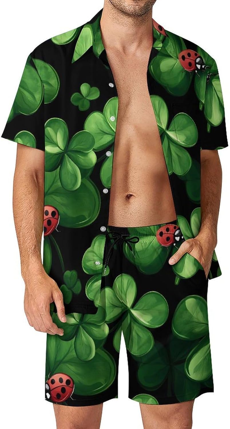 Ladybuges Four Leaf Clovers Men's Summer Beach 2 Piece Outfits | hawaiian button down shirt and shorts,vacation cruise,mens bathing suit