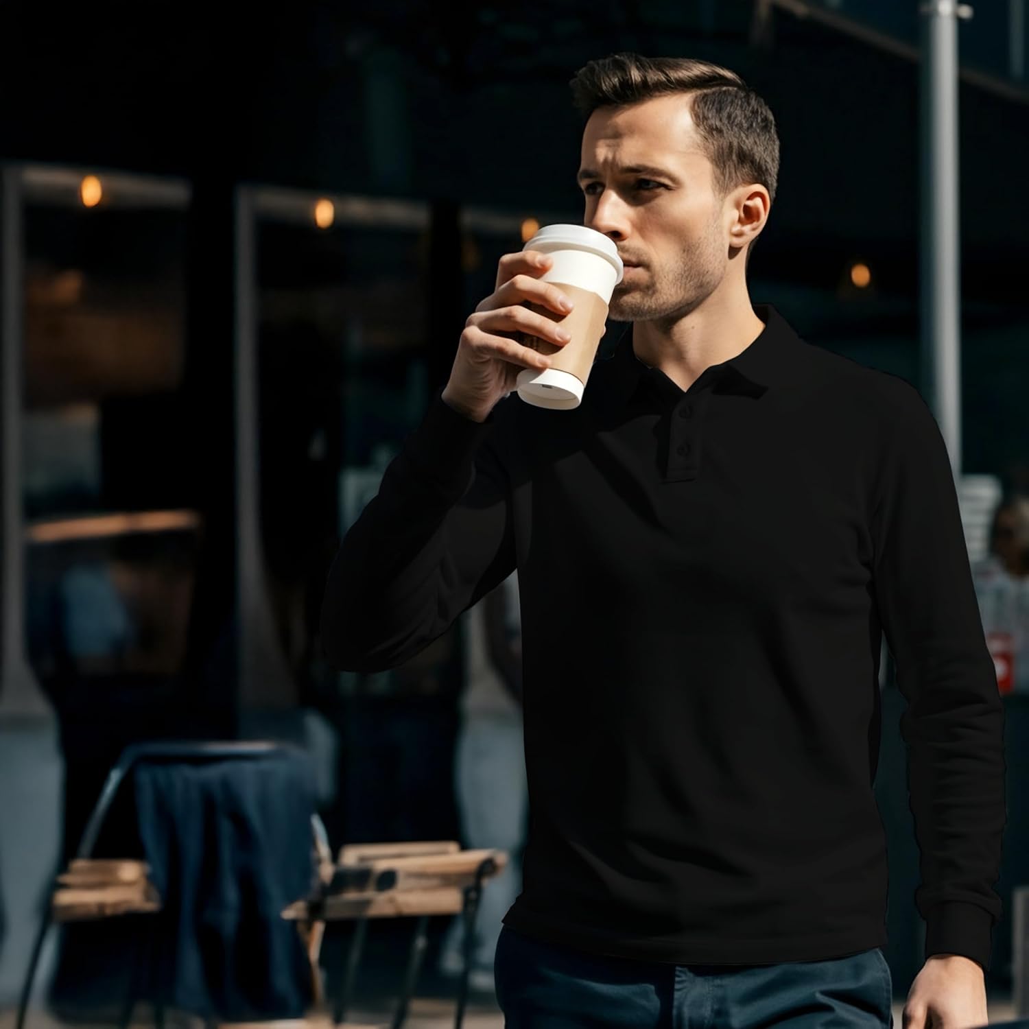 Premium Wear Long Sleeve Polo Shirt for Men, Cotton-Blend Fabric Golf Shirt with Collar, 3-Button Placket, Stain Guard - Image 2