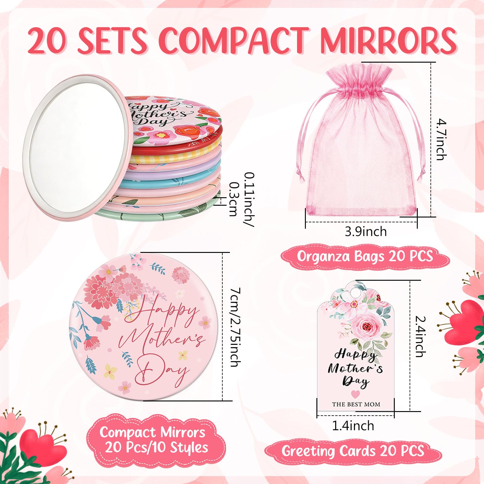Landical 20 Sets Mother's Day Mirror Gifts Bulk Mini Compact Mirrors Small Thank You Mom Gifts 2.76 Inch Portable Round Pocket Makeup Mirror for Mothers, Women, Coworkers, Mother's Day Party Favors - 2