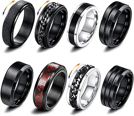 Men's Stainless Steel Spinner Rings Pack of 8 Black Fidget Band Rings Men's Rings Black Spinner Rings Set Engagement Rings for Men