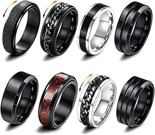 Männer Edelstahl Spinner Ringe, 8 Stück Schwarz Fidget Band Rings Herren Ringe Schwarz Spinner Rings Set Verlobungsringe für Männer