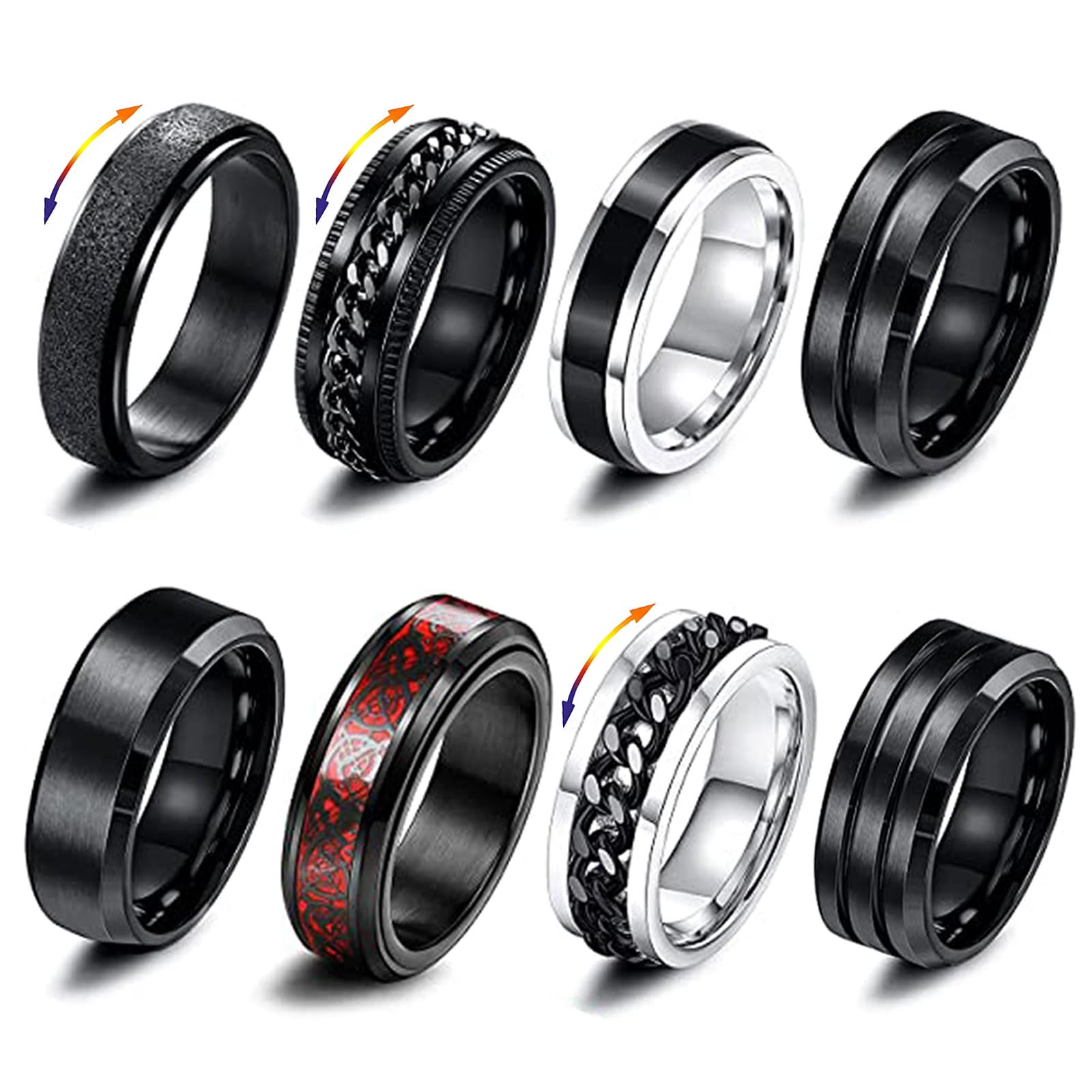 GoPaw Edelstahl Spinner Ring Set - 8 Stück Schwarz Fidget Band Ringe Cool Gedrehte Kette Ring Angst Ringe für Männer und Frauen (54(18))
